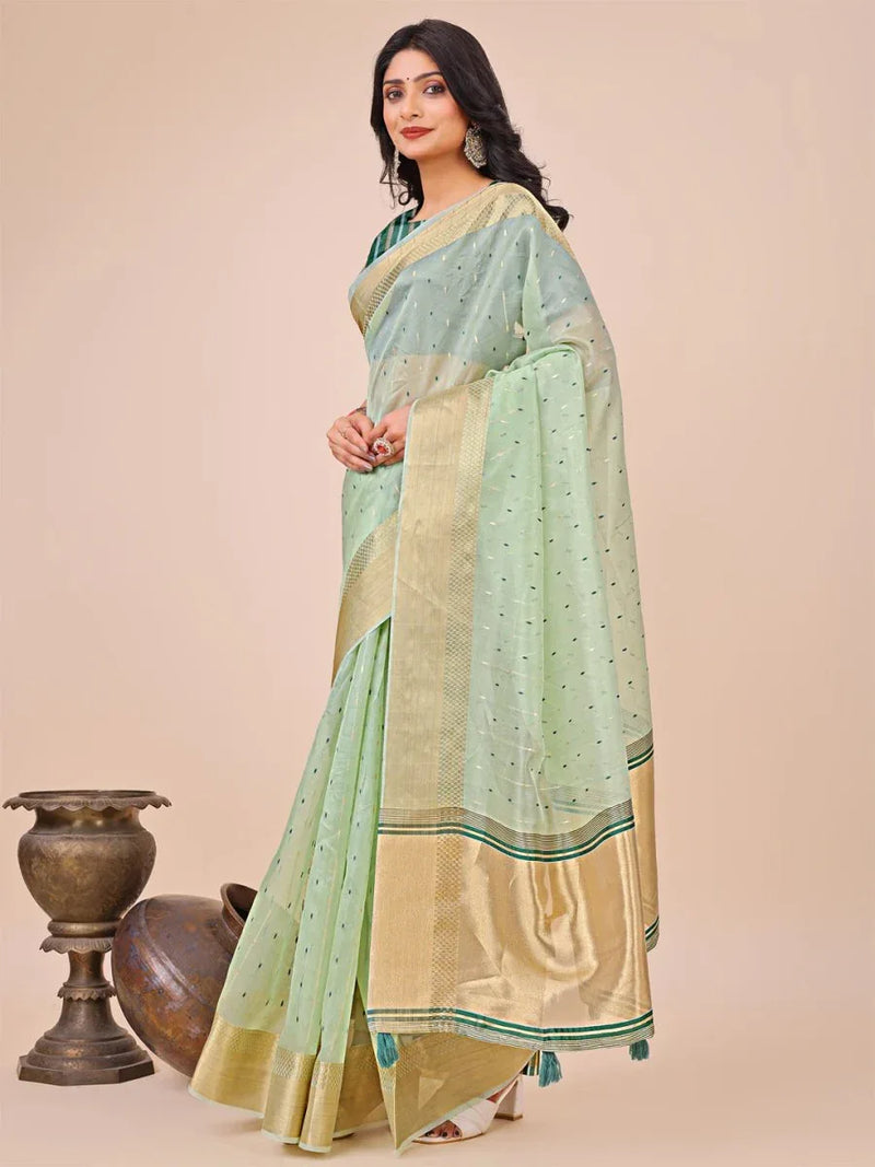 Olive Green Organza Saree With Blouse Piece - EZBER