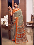 Orange And Black Mulmul Cottons Saree With Blouse Piece - EZBER