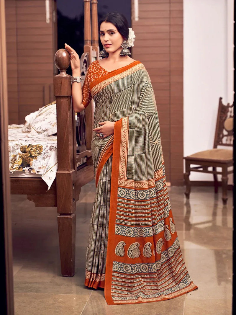 Orange And Black Mulmul Cottons Saree With Blouse Piece - EZBER