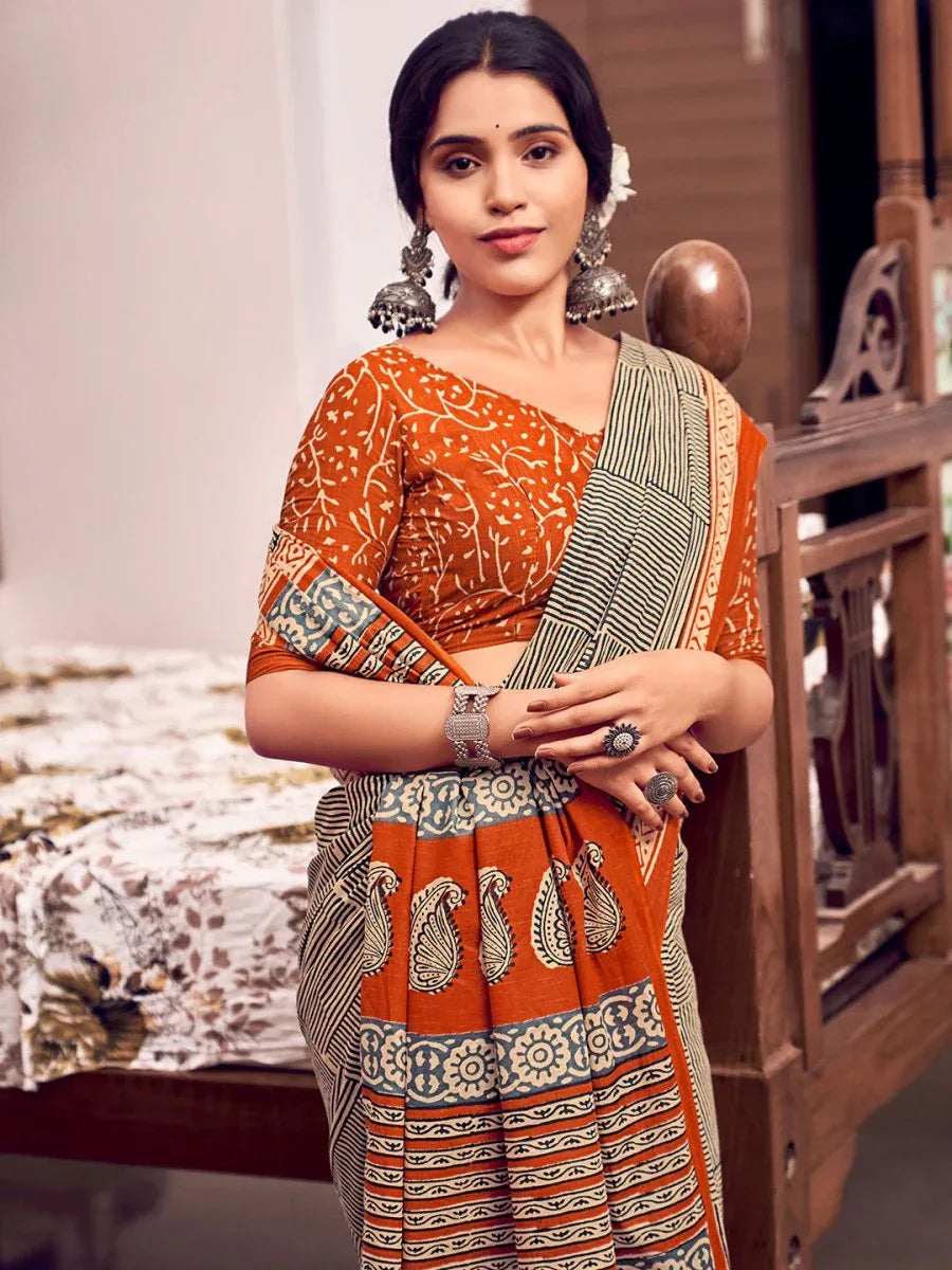 Orange And Black Mulmul Cottons Saree With Blouse Piece - EZBER