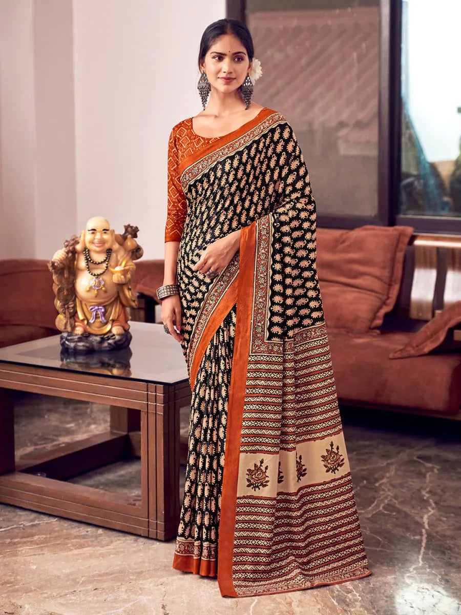 Orange And Blue Mulmul Cottons Saree With Blouse Piece - EZBER