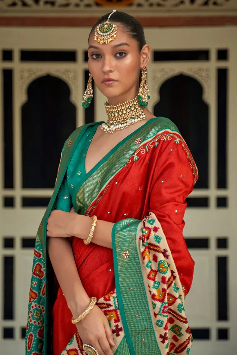 Orange And Green Patola Saree - EZBER