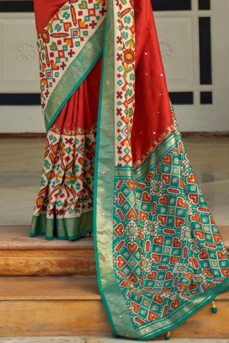 Orange And Green Patola Saree - EZBER