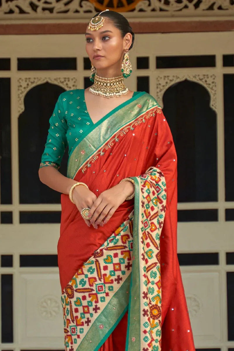 Orange And Green Patola Saree - EZBER