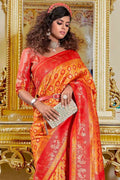 Orange And Red Banarasi Saree - EZBER