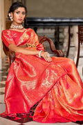 Orange And Red Banarasi Saree - EZBER