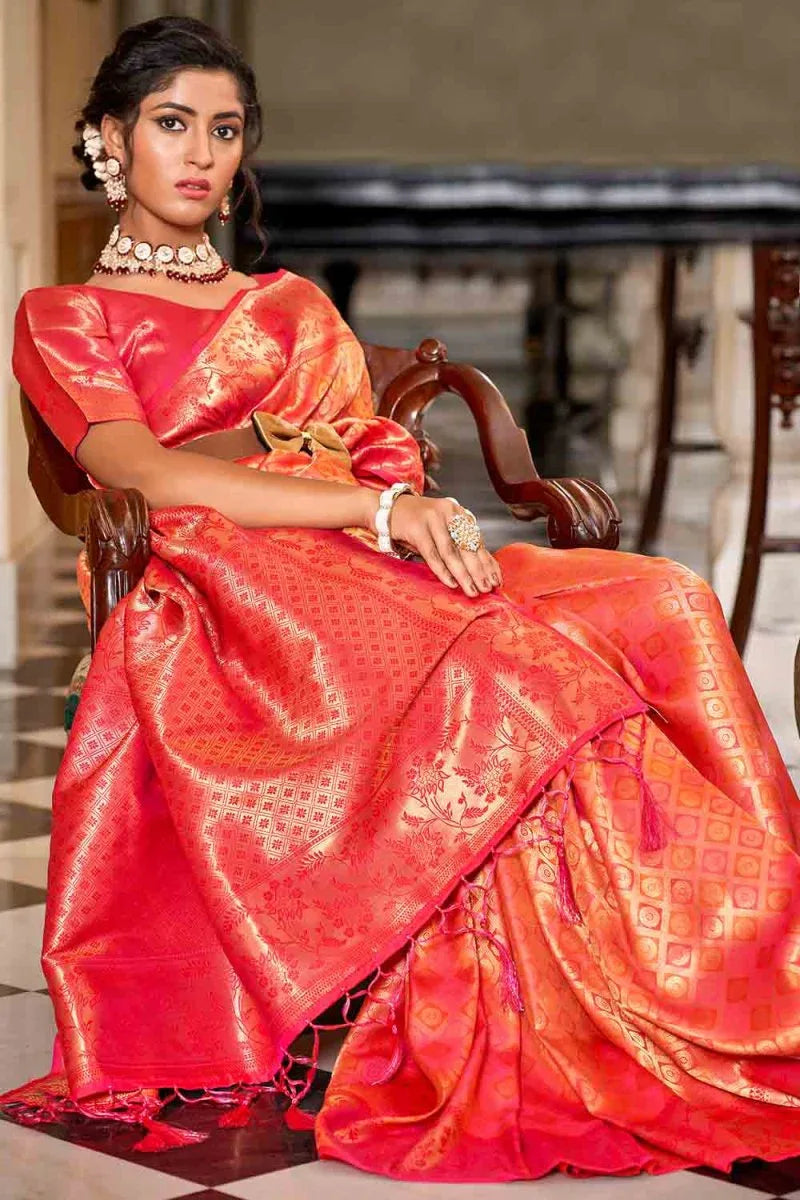 Orange And Red Banarasi Saree - EZBER
