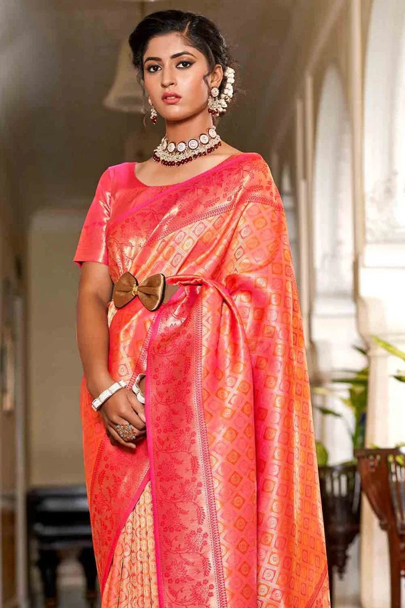 Orange And Red Banarasi Saree - EZBER