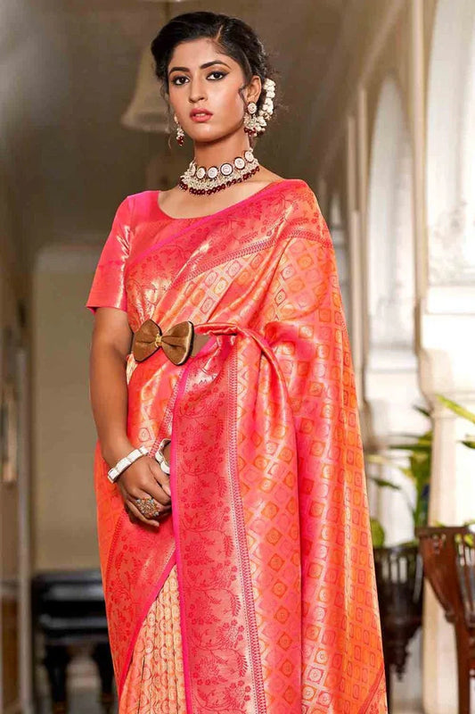 Orange And Red Banarasi Saree - EZBER