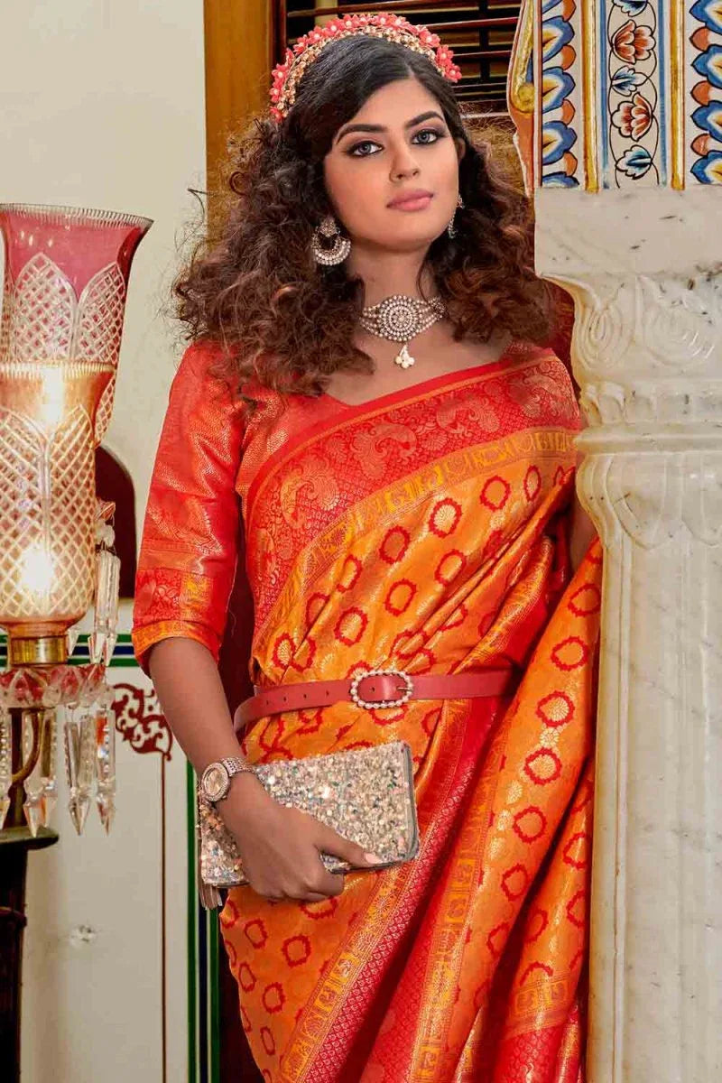 Orange And Red Banarasi Saree - EZBER