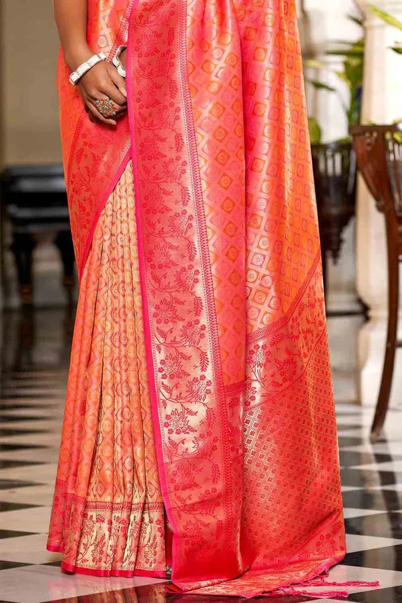 Orange And Red Banarasi Saree - EZBER
