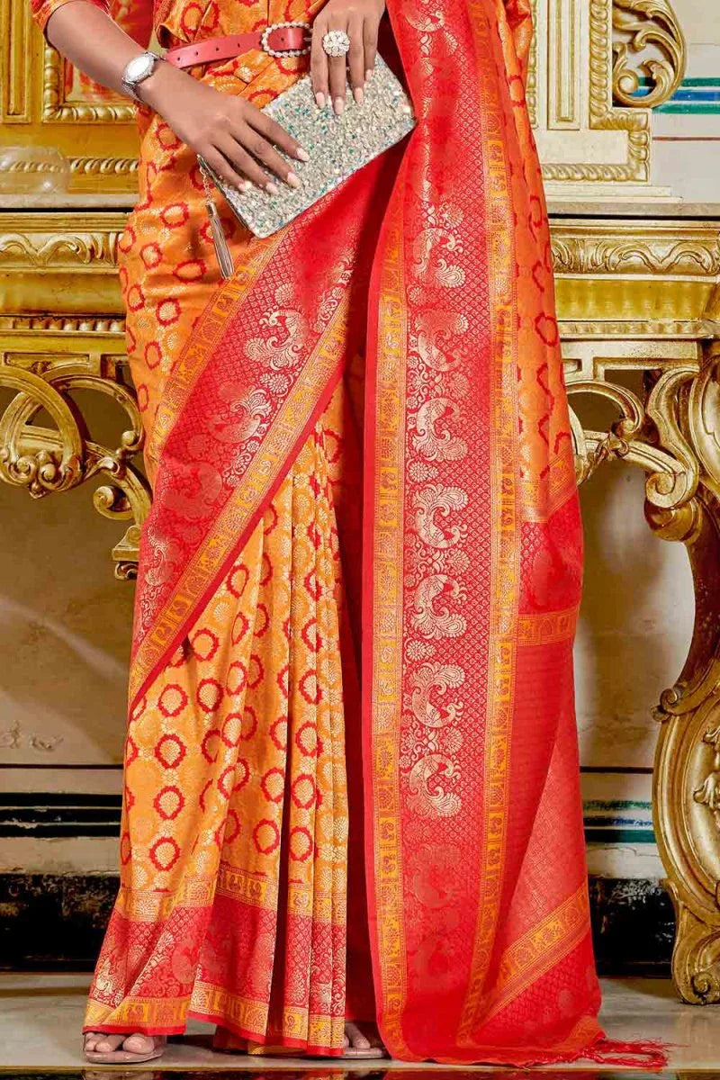 Orange And Red Banarasi Saree - EZBER