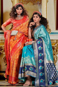 Orange And Red Banarasi Saree - EZBER