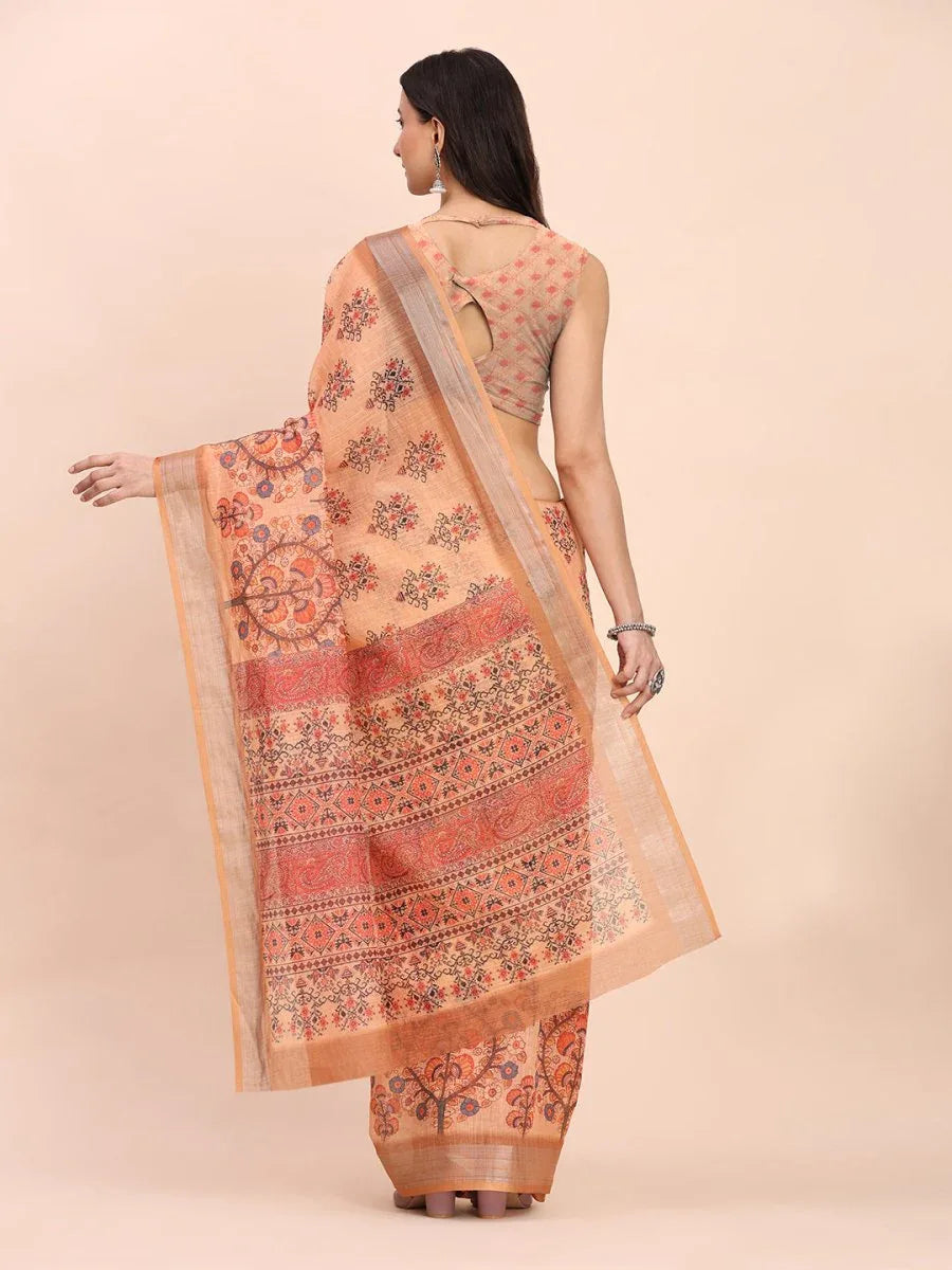 Orange COTTON CRUSH Linen Cotton Saree with Blouse Piece - EZBER