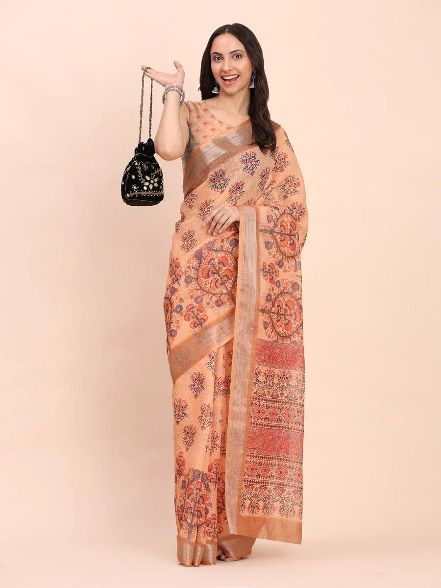 Orange COTTON CRUSH Linen Cotton Saree with Blouse Piece - EZBER