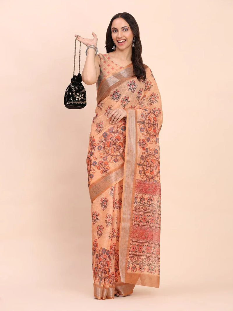 Orange COTTON CRUSH Linen Cotton Saree with Blouse Piece - EZBER