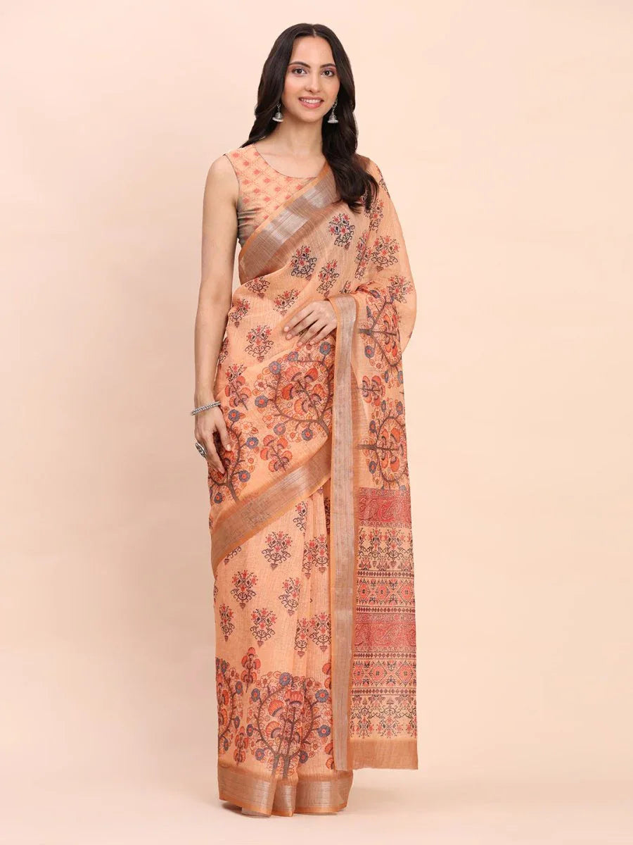 Orange COTTON CRUSH Linen Cotton Saree with Blouse Piece - EZBER