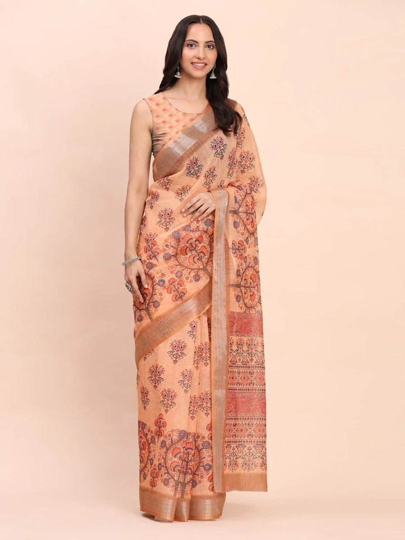 Orange COTTON CRUSH Linen Cotton Saree with Blouse Piece - EZBER
