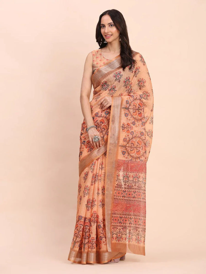 Orange COTTON CRUSH Linen Cotton Saree with Blouse Piece - EZBER