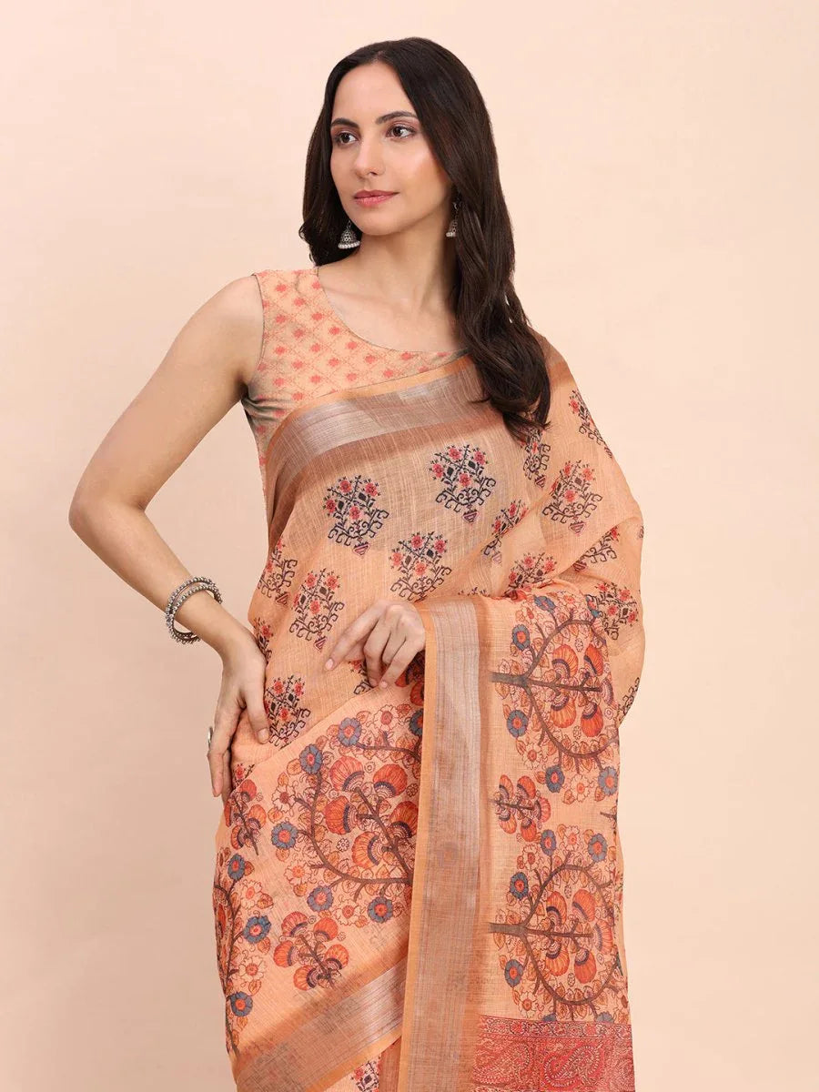 Orange COTTON CRUSH Linen Cotton Saree with Blouse Piece - EZBER