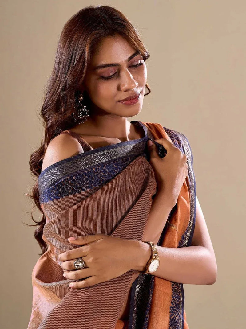 Orange Cotton Festive Wear Saree With Blouse Piece - EZBER