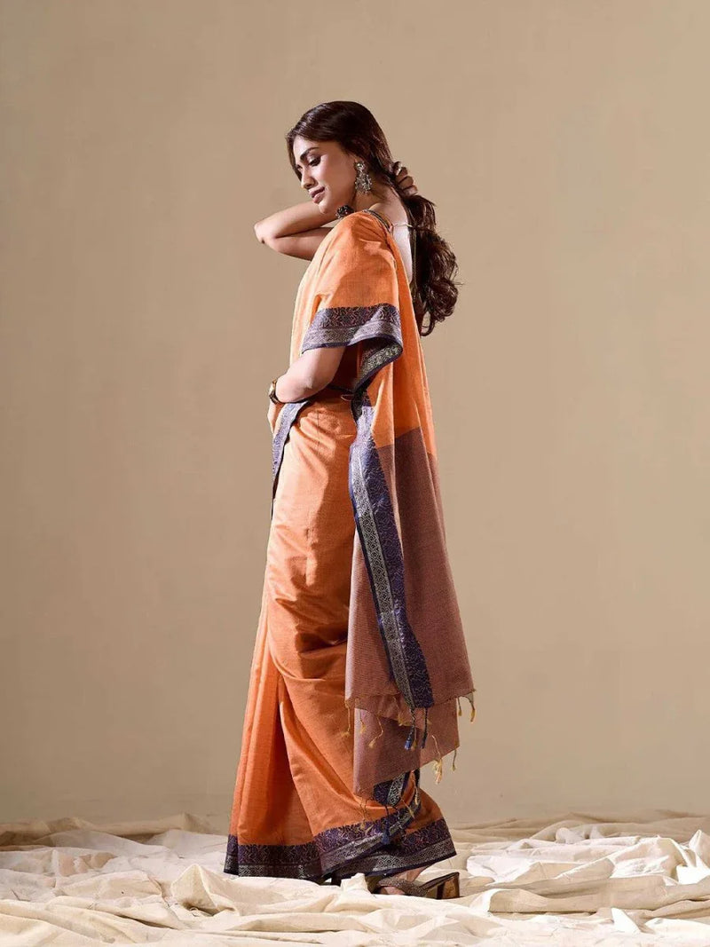 Orange Cotton Festive Wear Saree With Blouse Piece - EZBER