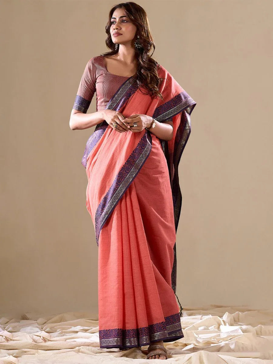 Orange Cotton Festive Wear Saree With Blouse Piece - EZBER