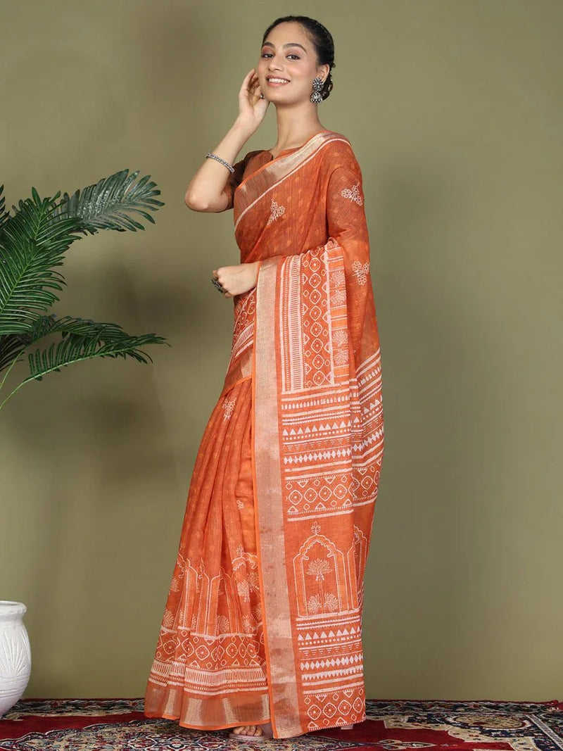 Orange Cotton Saree With Blouse Piece - EZBER