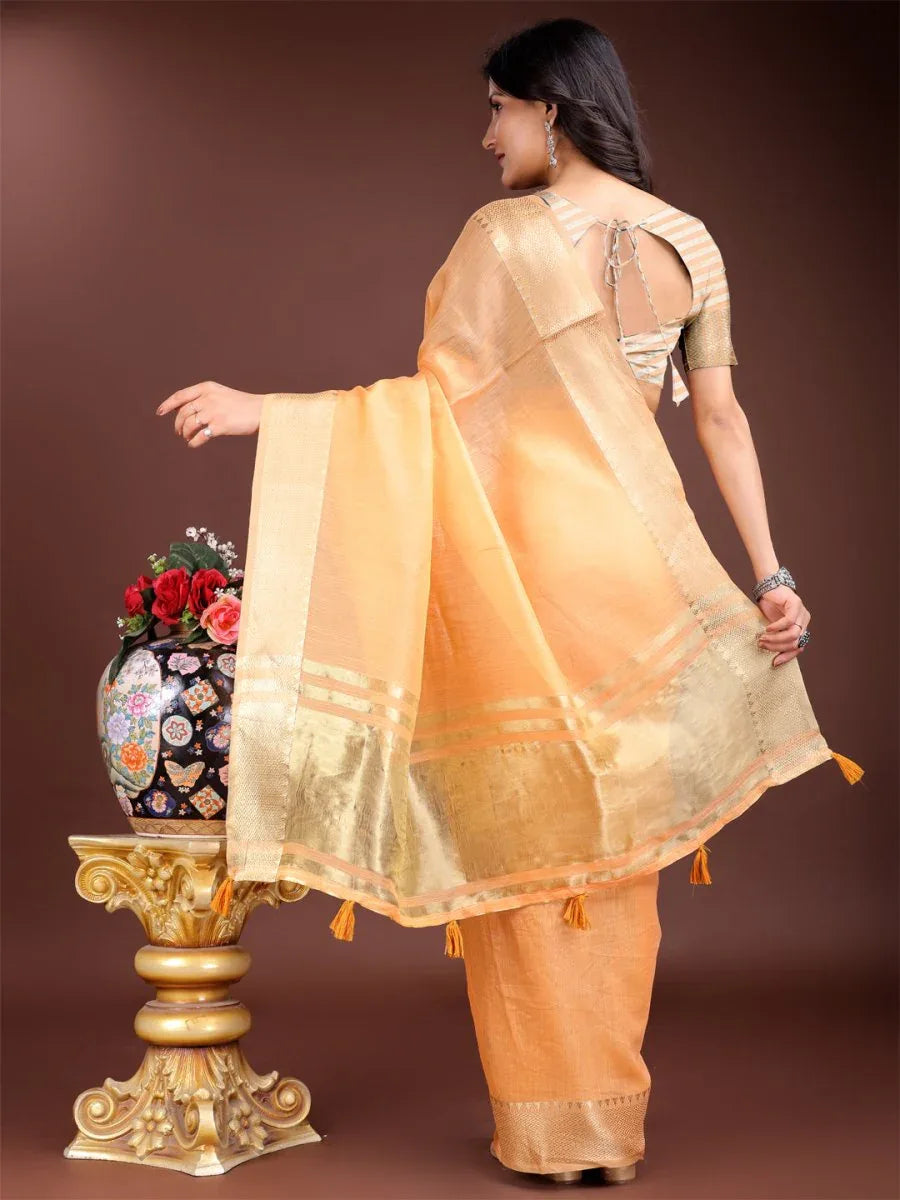 Orange Cotton Saree With Blouse Piece - EZBER