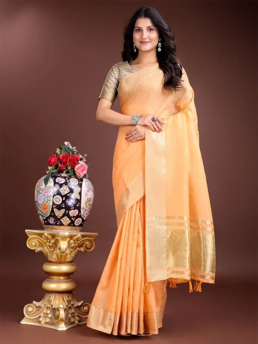 Orange Cotton Saree With Blouse Piece - EZBER