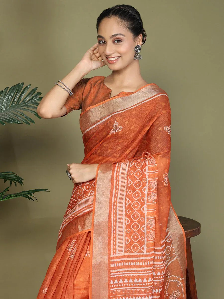 Orange Cotton Saree With Blouse Piece - EZBER