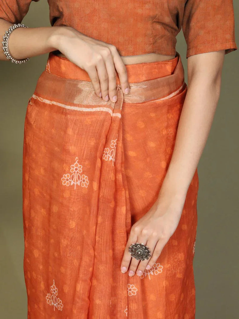 Orange Cotton Saree With Blouse Piece - EZBER