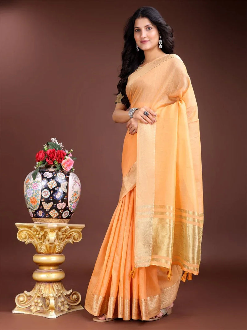 Orange Cotton Saree With Blouse Piece - EZBER