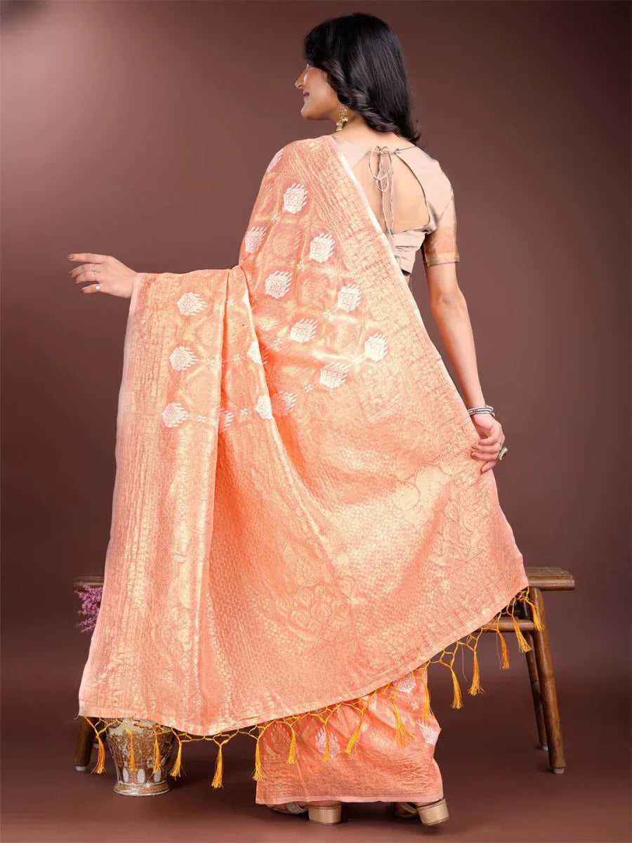 Orange Cotton Saree With Blouse Piece - EZBER