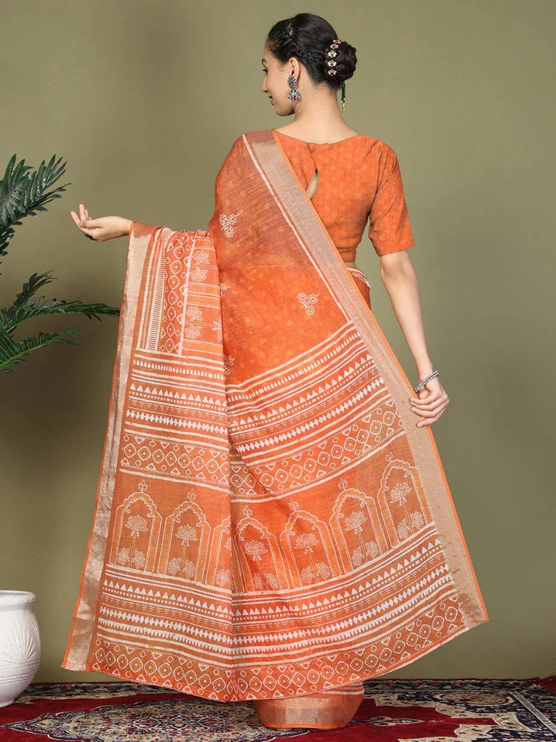 Orange Cotton Saree With Blouse Piece - EZBER
