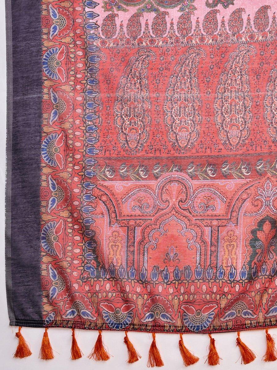 Orange Linen Blend Saree With Blouse Piece - EZBER