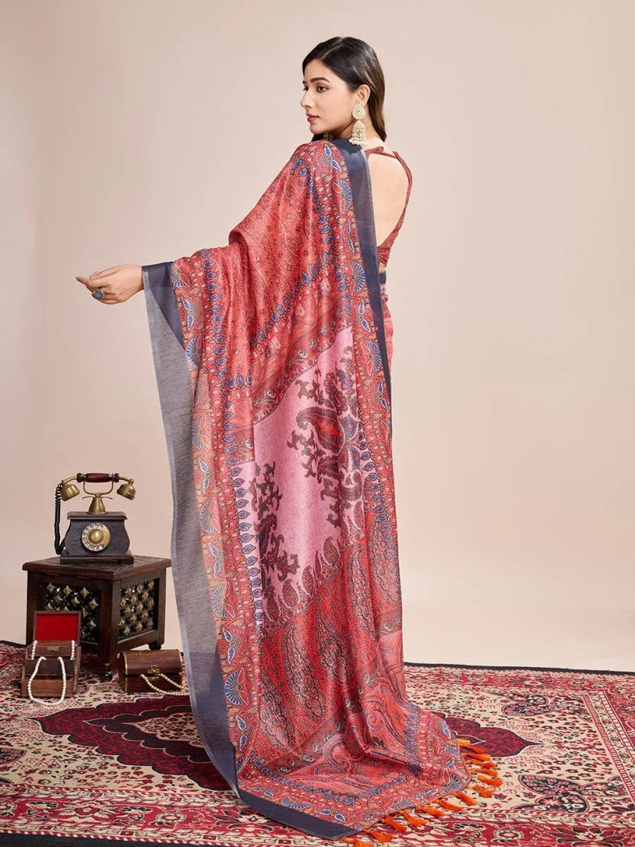 Orange Linen Blend Saree With Blouse Piece - EZBER