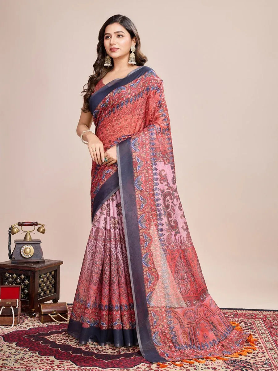 Orange Linen Blend Saree With Blouse Piece - EZBER