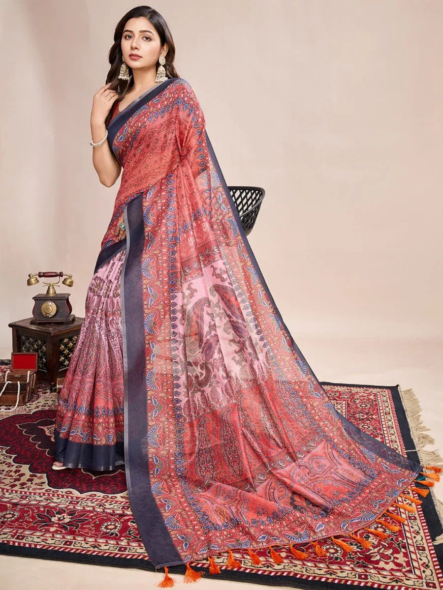 Orange Linen Blend Saree With Blouse Piece - EZBER