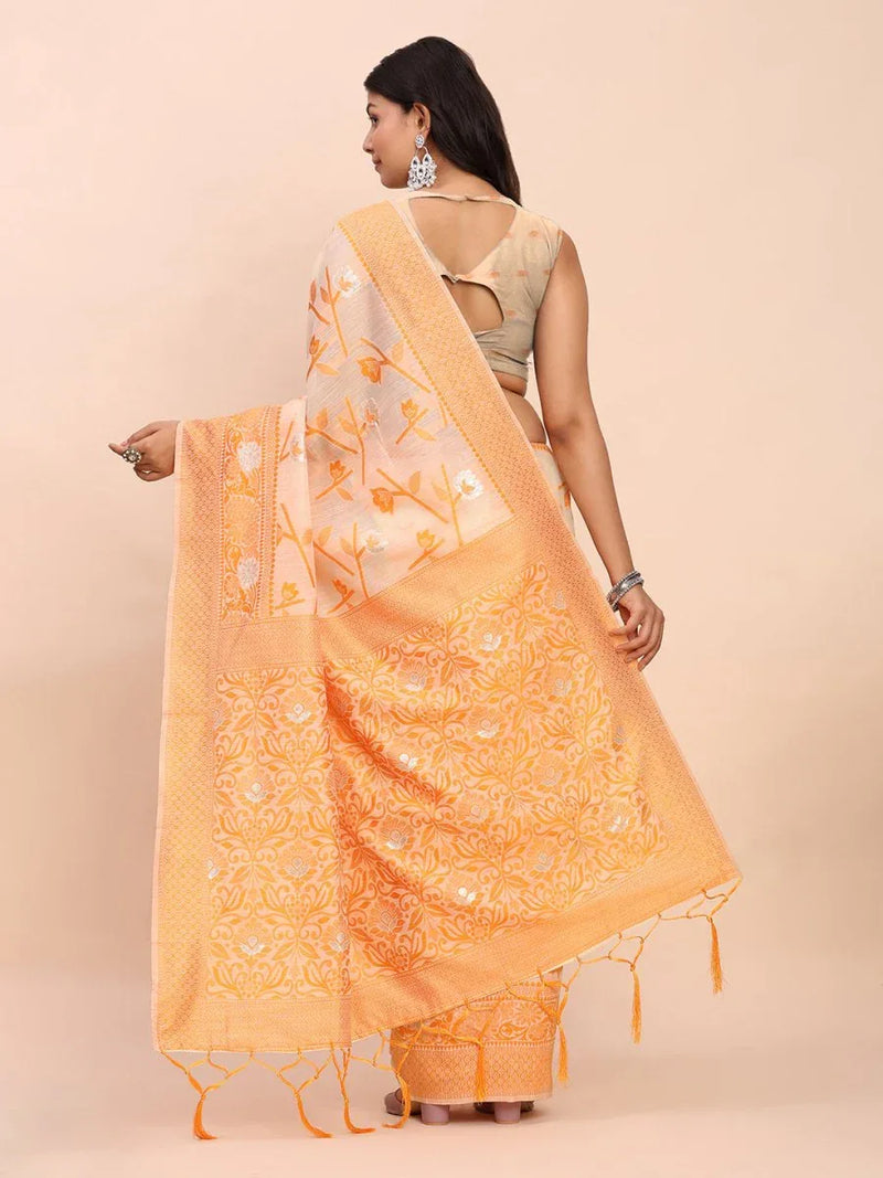 Orange Linen Cotton Saree With Blouse Piece - EZBER