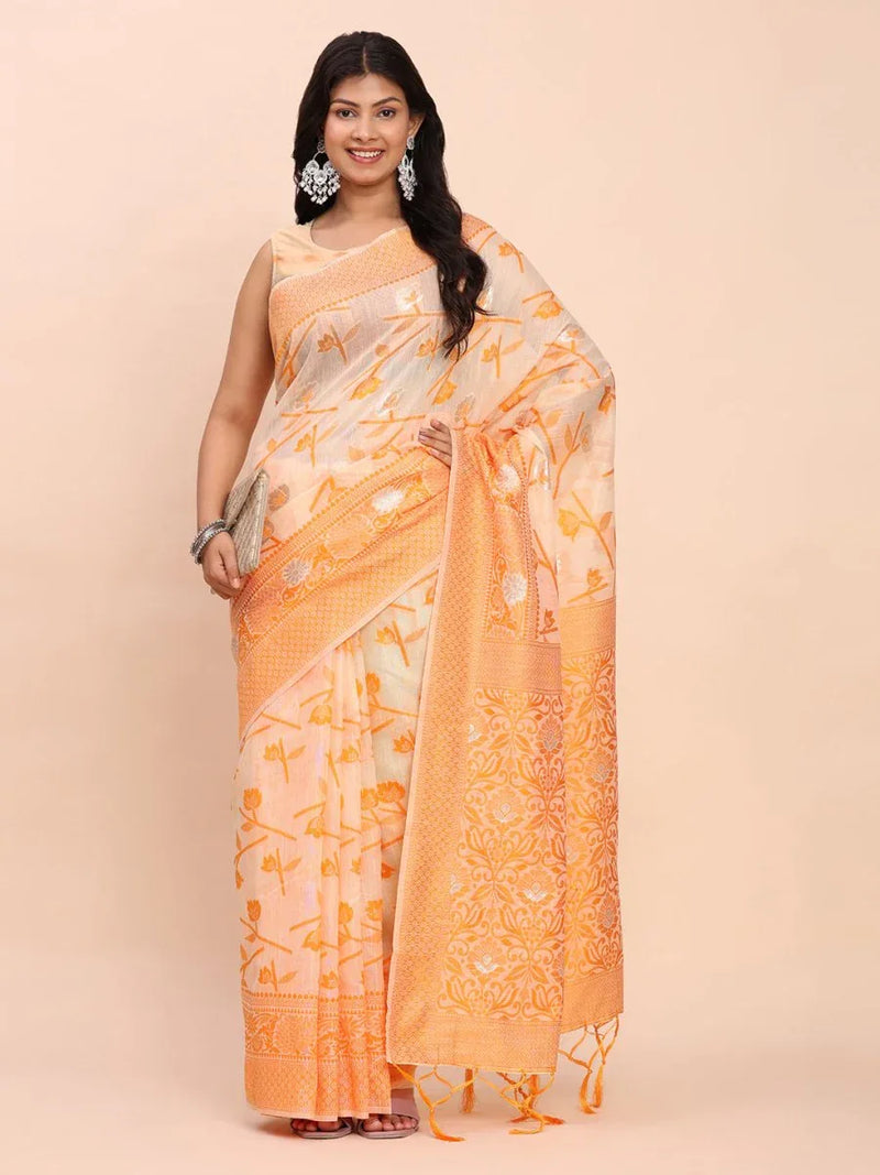 Orange Linen Cotton Saree With Blouse Piece - EZBER