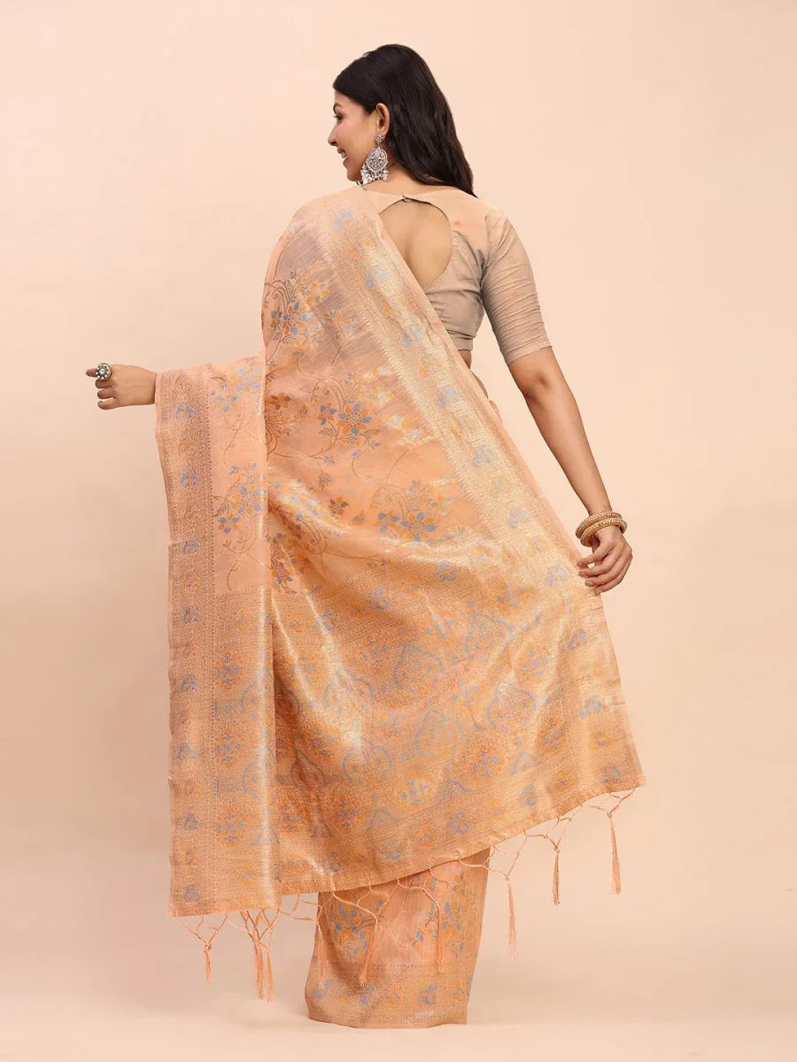Orange Linen Cotton Saree With Blouse Piece - EZBER