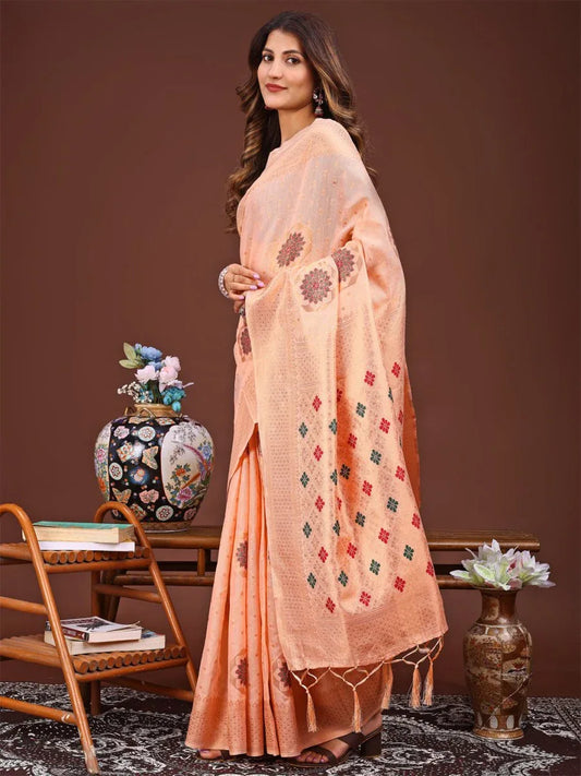 Orange Linen Cotton Saree With Blouse Piece - EZBER