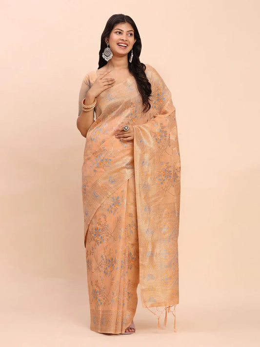 Orange Linen Cotton Saree With Blouse Piece - EZBER