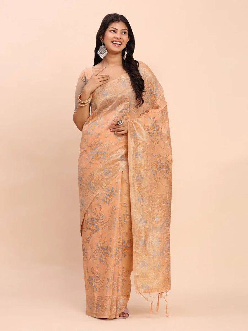 Orange Linen Cotton Saree With Blouse Piece - EZBER