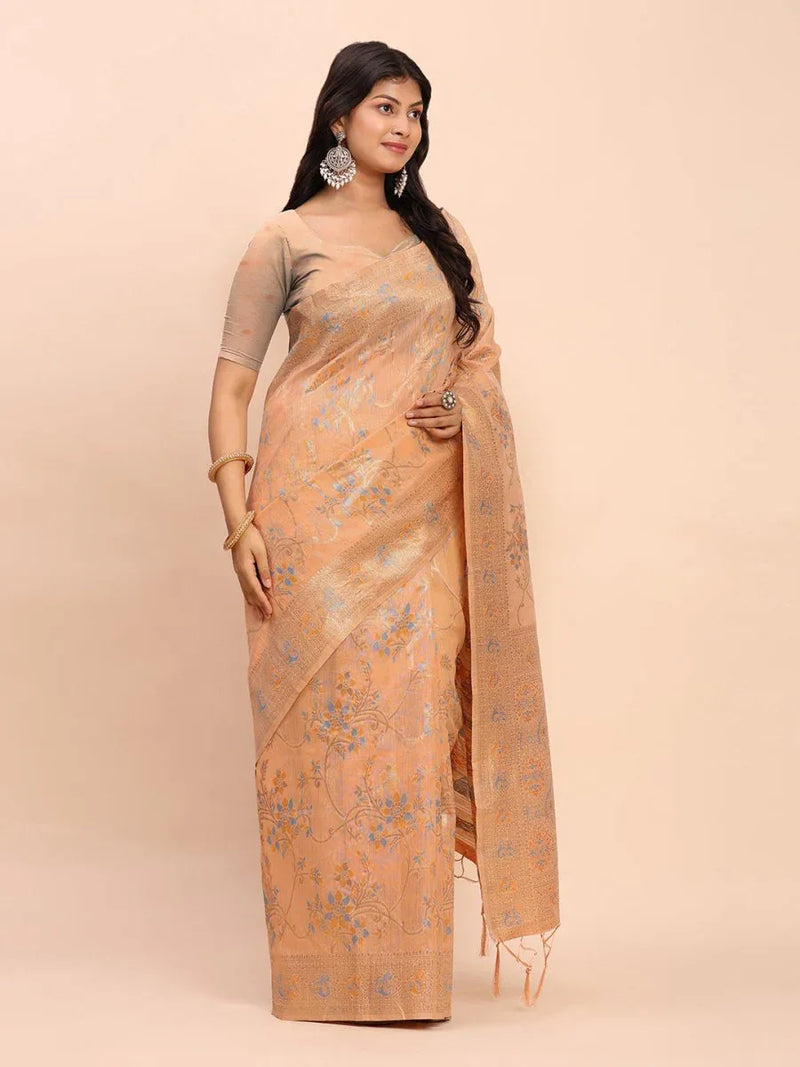 Orange Linen Cotton Saree With Blouse Piece - EZBER