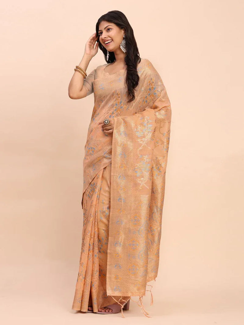 Orange Linen Cotton Saree With Blouse Piece - EZBER
