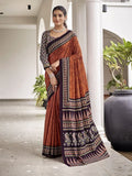 Orange Mulmul Cottons Saree With Blouse Piece - EZBER