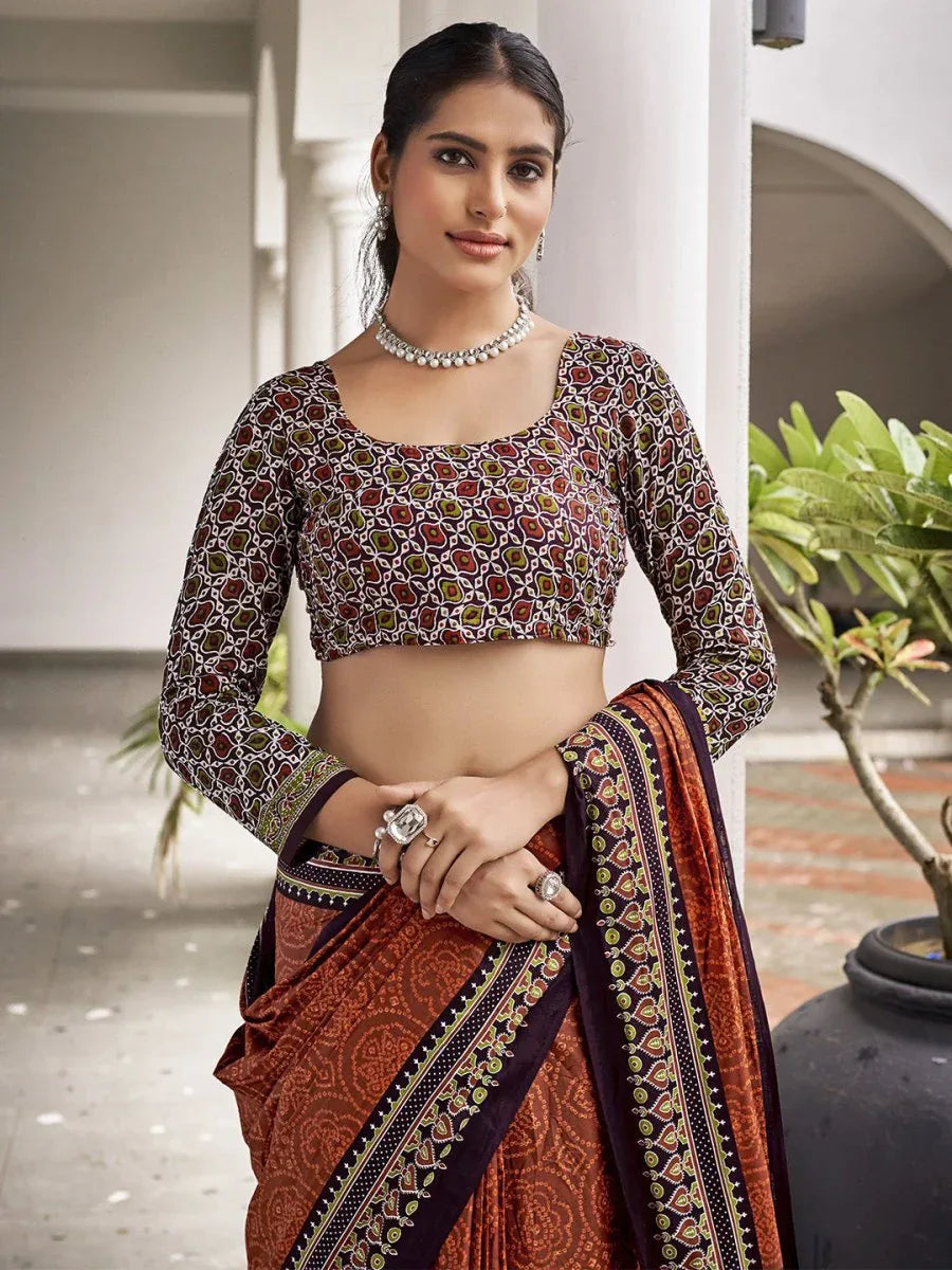 Orange Mulmul Cottons Saree With Blouse Piece - EZBER