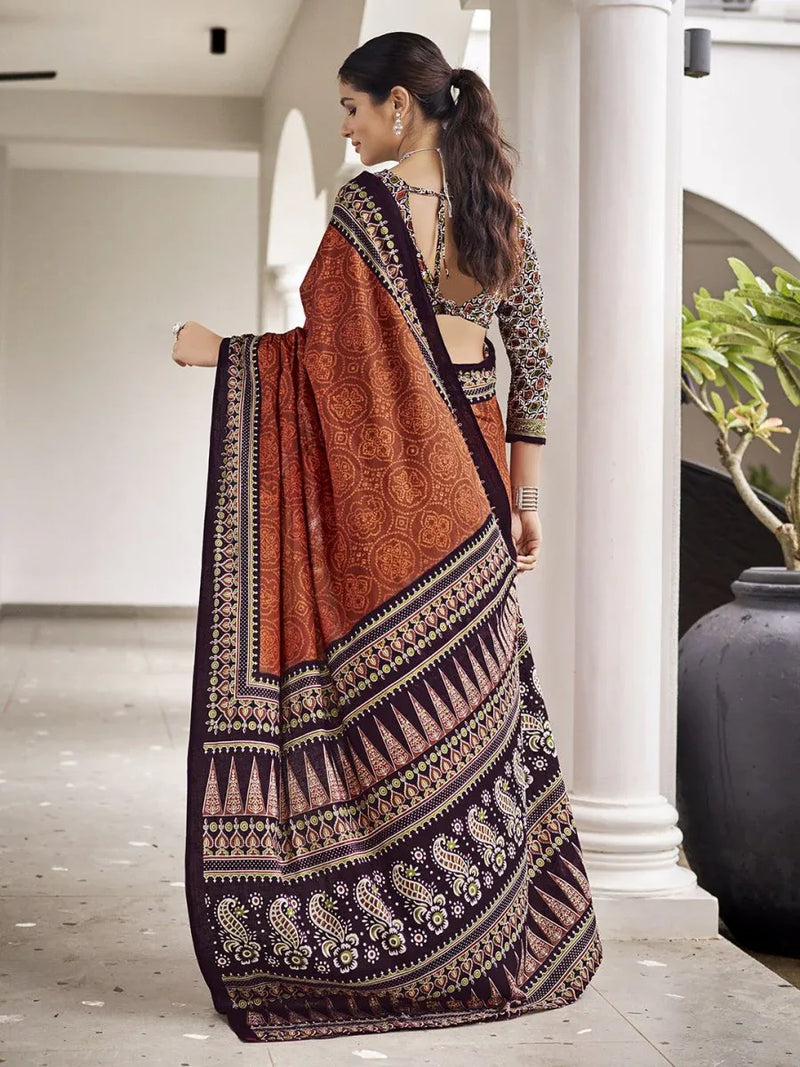 Orange Mulmul Cottons Saree With Blouse Piece - EZBER